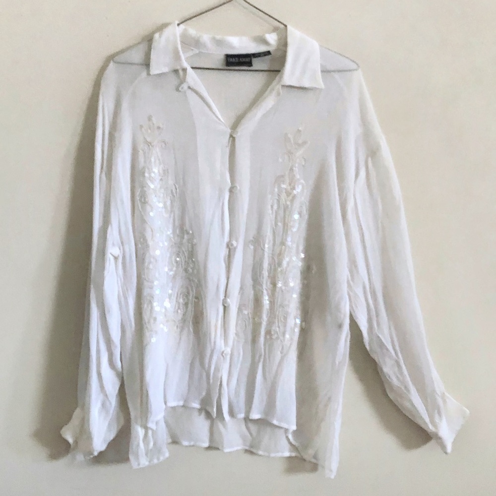 Vintage Take Away Sheer Mesh Sequined Long Sleeve Button Down Blouse